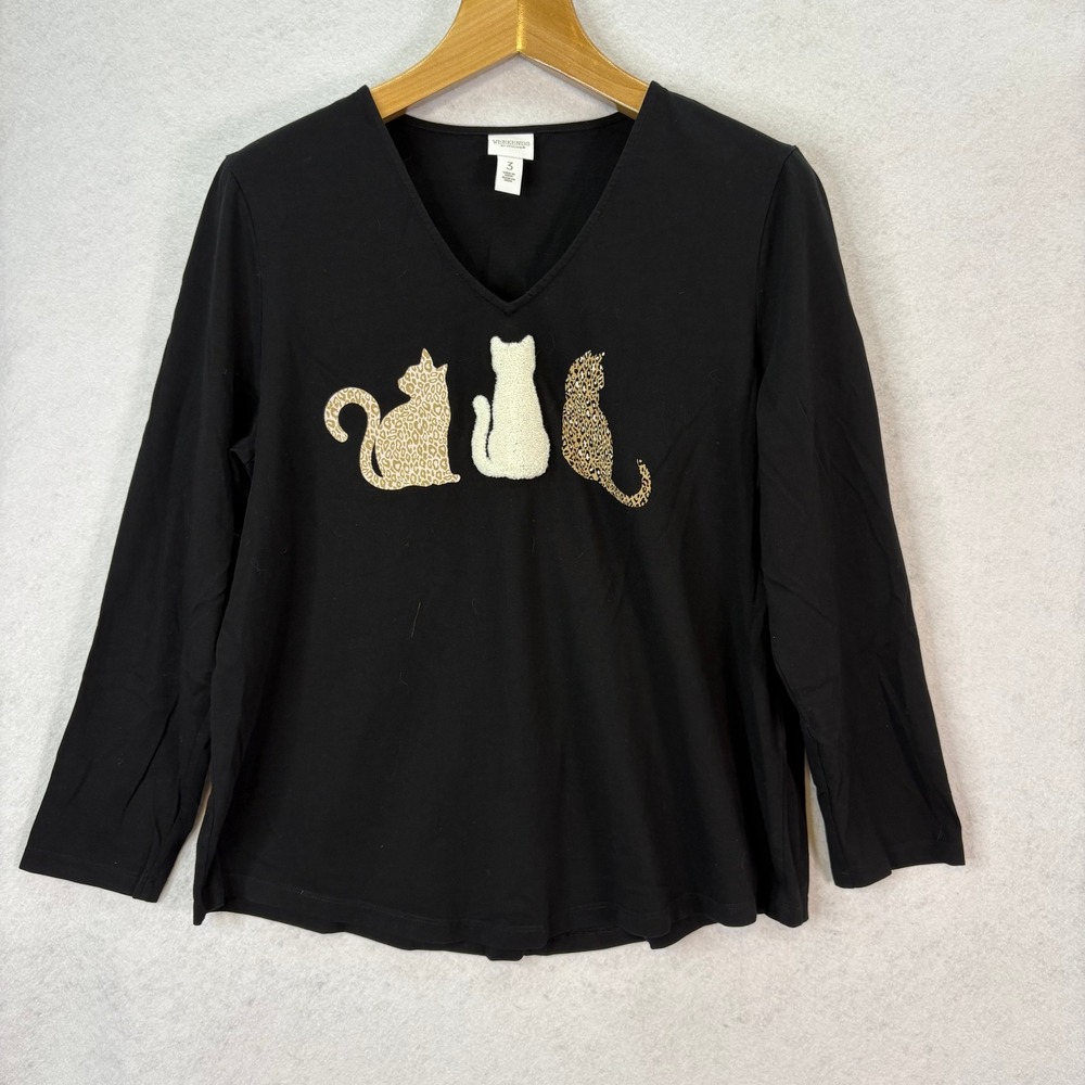 Weekends by Chico's Black Cat Leopard Embroidered V-Neck Top Womens XL Whimsical